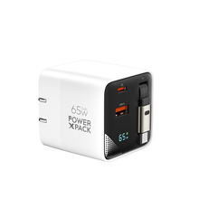 Load image into Gallery viewer, 65W GaN Dual Type-C &amp; USB-A Fast Charger with Built-In Type-C Cable and Wattage Screen

