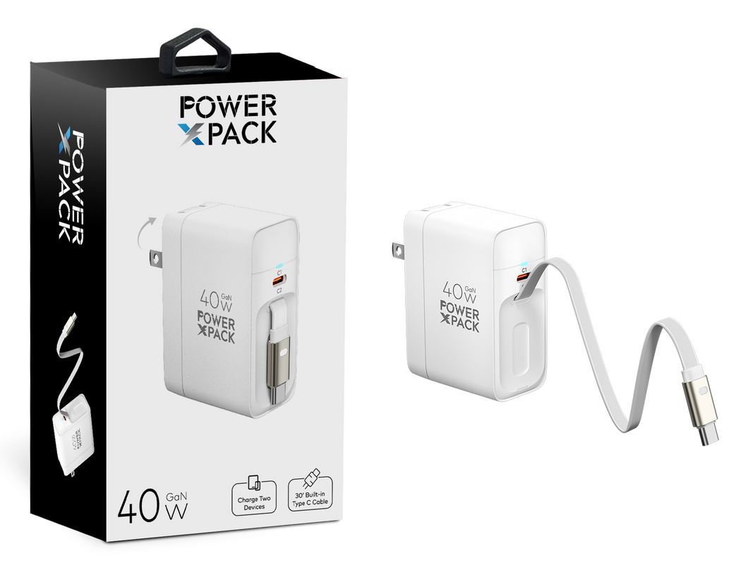 40W GaN Dual Type-C Fast Charger with Built-In Type-C Cable