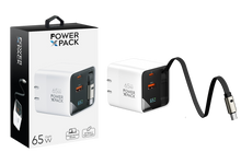 Load image into Gallery viewer, 65W GaN Dual Type-C &amp; USB-A Fast Charger with Built-In Type-C Cable and Wattage Screen
