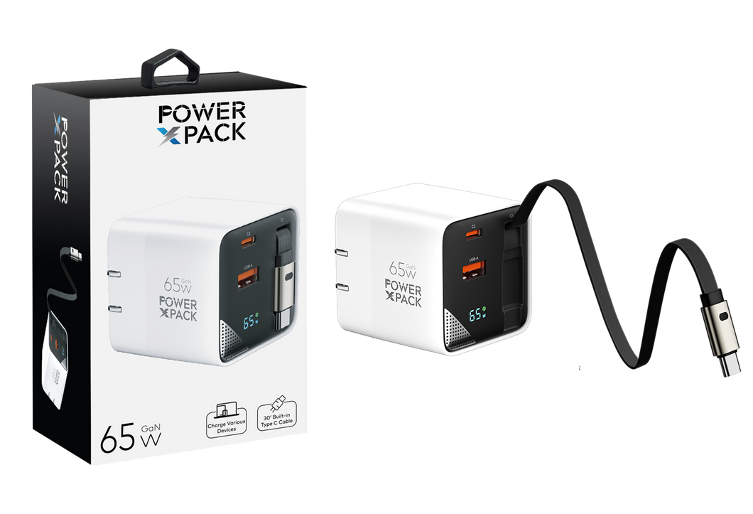 65W GaN Dual Type-C & USB-A Fast Charger with Built-In Type-C Cable and Wattage Screen